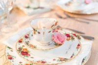 08 a floral vintage wedding reception place setting done with chic china and a single pink garden rose