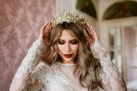 14 a gold embellished bridal crown with spikes for a more glam look just wows