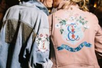14 personalized bridal jackets – a blue applique denim one with logn gold fringe and a pink leather one with handpainting