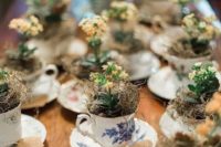 17 beautiful miniature teacups with potted plants and blooms plus cards as wedding favors and escort cards