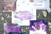 19 a dreamy purple, blue and glitter wedding invitation suite done with watercolors