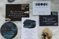 20 a stylish celestial wedding invitation suite done in navy, teal and with constellations and moon phases