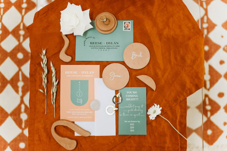 The pretty stationery included blush, beige and green tones plus white