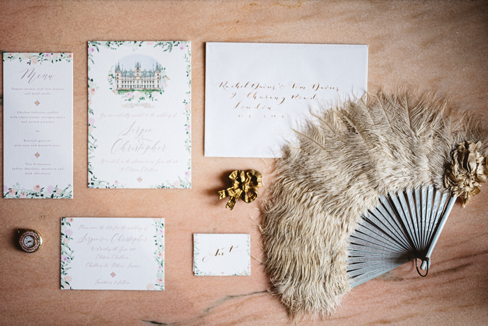 The wedding stationary was pretty, with watercolors and painted castle, where the shoot took place