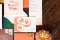 a bright 70s inspired wedding invitation suite in orange, mustard, rust, burgundy and dark green