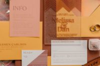 03 a 70s inspired wedding invitation suite in brown and marigold, with touches of leather
