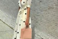 03 a creamy polka dot wrap mixi dress with short sleeves, blush printed shoes and a blush bag plus statement earrings