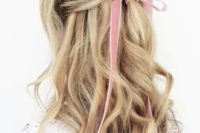 04 a wavy half updo with a pink velvet ribbon bow for an accent is a very girlish and sweet idea for a bride