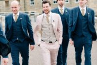 05 a blush groom’s suit with a checked waistcoat, a beige tie and brown shoes is a non-traditional and chic idea