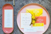 06 a bright wedding invitation suite in yellow and red, with framing and calligraphy is a cool idea for a 70s wedding