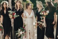 10 chic black wrap maxi dresses with high low skirts and short sleeves for a fall or winter wedding