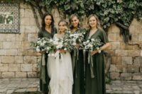 11 dark green wrap plain bridesmaid dresses with short sleeves and V-necklines for a fall wedding