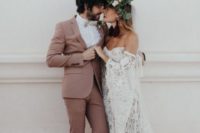 12 a chic mauve wedding suit, a white shirt, a creamy bow tie, shabby brown shoes with no socks for a boho wedding