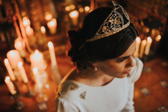 a gorgeous gold and rhinestone wedding tiara will give your look a royal feel