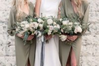 14 olive green chiffon wrap maxi bridesmaid dresses with long sleeves, T-strap shoes for a chic yet casual look