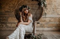 15 a cold shoulder full crochet mermaid wedding dress with platform shoes and a floral crown for a truly boho look