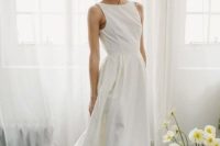 15 a sleeveless plain midi wedding dress with a pleated skirt and nude heels are a timeless combo for a casual bride