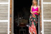 16 a hot pink camisole, a floral two print midi skirt with an asymmetrical edge and espadrilles for a hot summer wedding