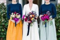 17 casual and bright bridesmaid looks with mismatching tops and full midi skirts plus heels are great for a no fuss wedding
