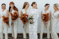 18 casual sleeveless off-white jumpsuits, statement earrings and mustard mules for a modern wedding