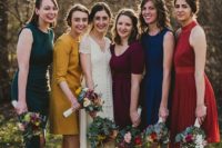 24 simple mismatching knee dresses in jewel tones and brown booties will make up a bold look for a fall wedding