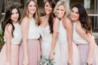 25 white halter neckline tops and mismatching blush, light pink and lilac maxi skirts for a summer wedding