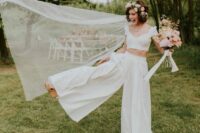 a casual brial ensemble with a cap sleeve crop top and wideleg pants plus shoes and a veil is a fun idea for summer