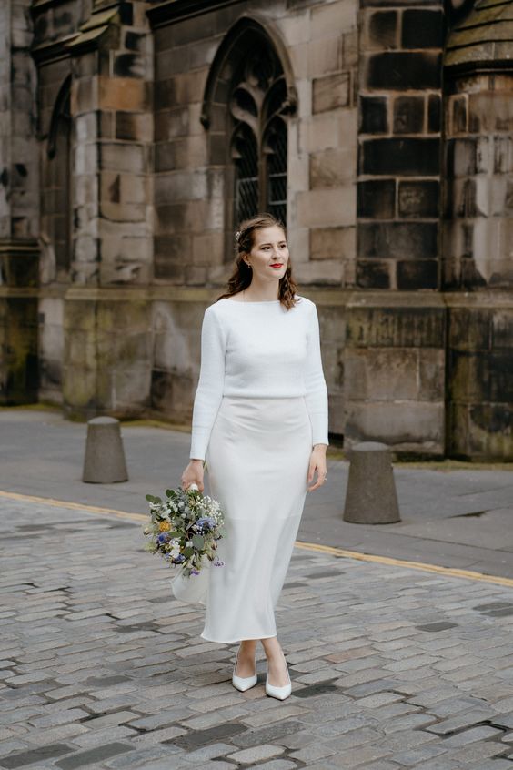 a casual bridal look with a long sleeve top and a matching midi skirt plus white shoes for a stylish feel without anything excessive