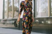 a lovely floral wedding guest outfit