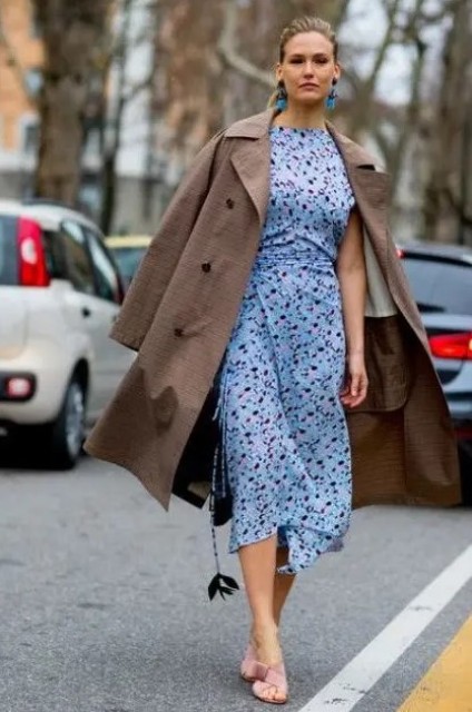 a fitting blue floral print midi dress, statement earrings and pink shoes, a brown plaid coat are a lovely look for spring