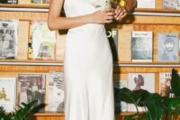 a slip A-line plain midi dress for a rehearsal dinner with a semi sheer and white shoes, a pearl headband for a modern chic look