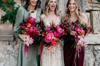 an olive green midi dress with long sleeves, a burgundy midi dress and nude shoes for a boho wedding