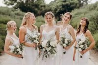 beautiful matching midi plain bridesmaid dresses with straps on the front and white shoes are amazing for a modern casual wedding