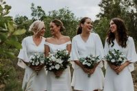 comfy and lovely white over the knee A-line bridesmaid dresses with bell sleves and V-necklines are cool for a neutral wedding