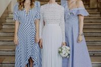 gorgeous nautical striped blue and white midi bridesmaid dresses, a wrap one and an off the shoulder one