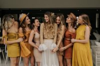 mini and maxi bridesmaid dresses in mustard and rust shades are a great solution for a fall boho wedding