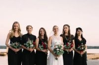 mismatching black bridesmaids’ dresses with various necklines, lengths and different shoes