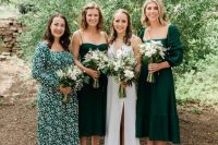 mismatching bridesmaid dresses, a midi green one with a square neckline, a midi spaghetti strap bridesmaid dress, a green printed midi dress
