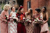 mismatching midi bridesmaid dresses in pink and burgundy, with various prints look awesome