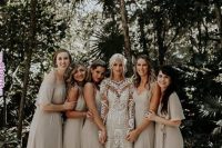 mismatching off white maxi bridesmaid dresses are right what you need for a trendy tropical wedding