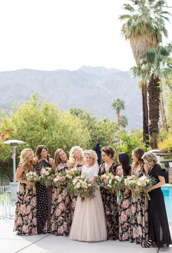 mix and match floral bridesmaids' dresses in black and blush or pink plus girls in black