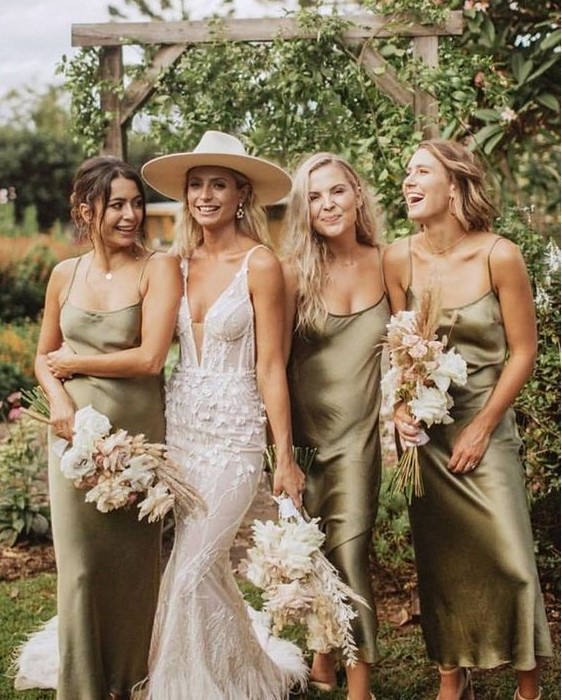 olive green silk slip midi dresses are a nice idea for spring or fall weddings in minimalist style