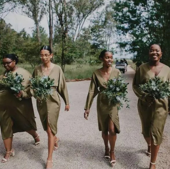 stylish and delicate pistachio wrap midi bridesmaid dresses and nude shoes are a lovely combo for a modern or minimalist wedding