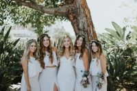 white bridesmaids’ separates with crop tops and maxi skirts look very relaxed and cool