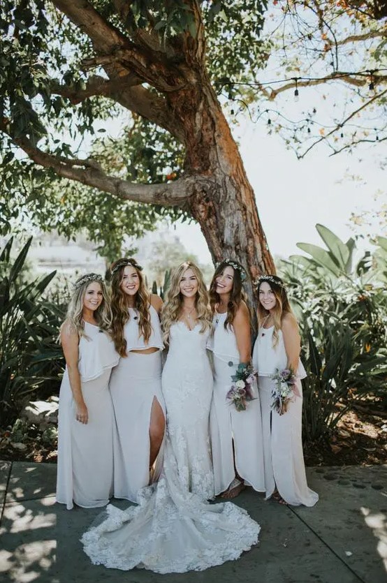 white bridesmaids' separates with crop tops and maxi skirts look very relaxed and cool