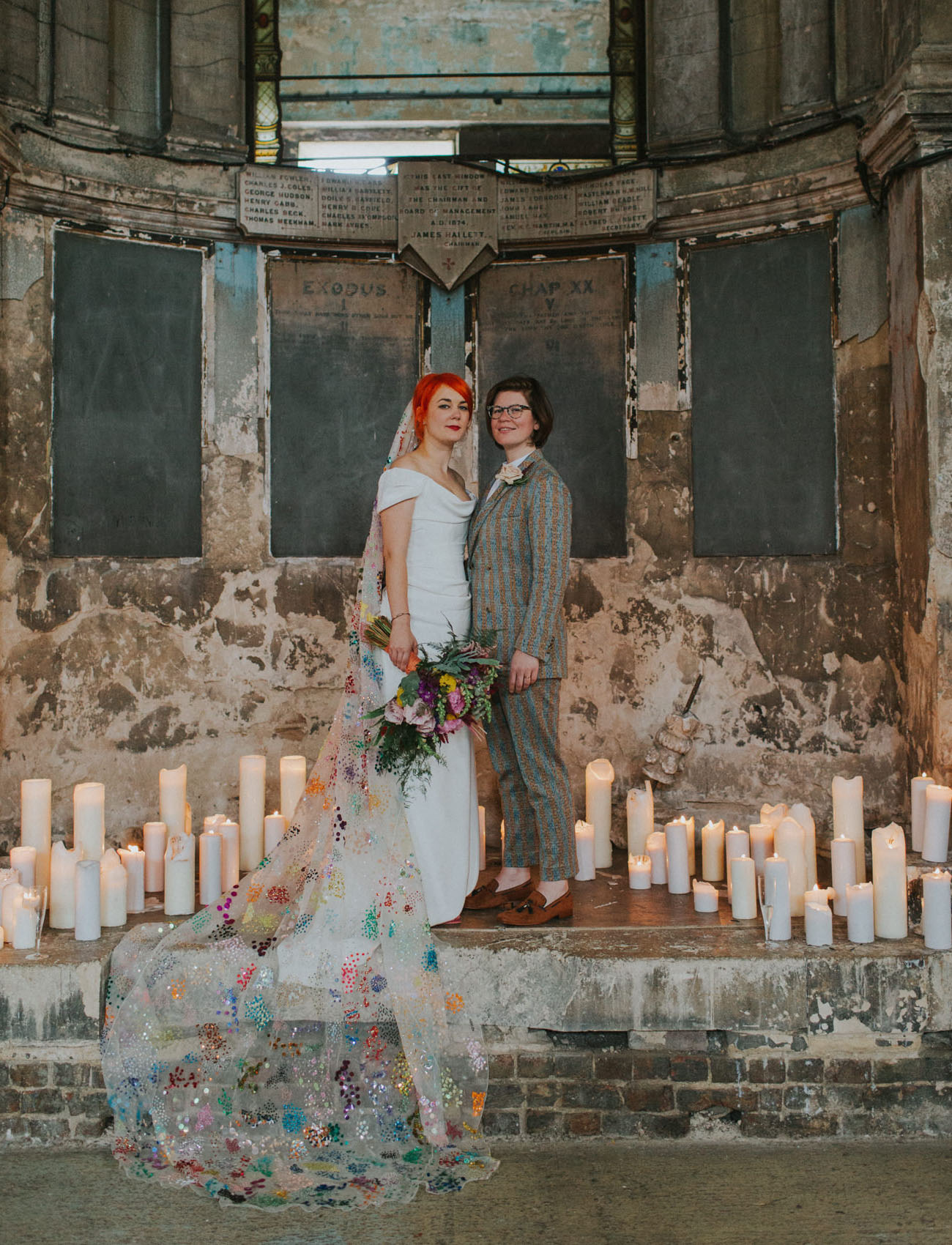 This colorful and fun wedding in London was filled with DIYs for personalization and the brides were wearing creative outfits