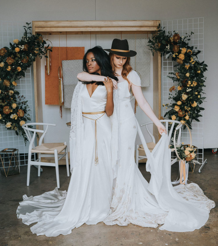 This modern monochromatic wedding shoot was done in a trendy color palette of mustard and rust