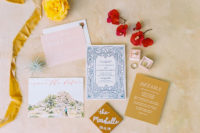 02 The wedding invitation suite was done in mustard, blues and blush, with pics of your wedding