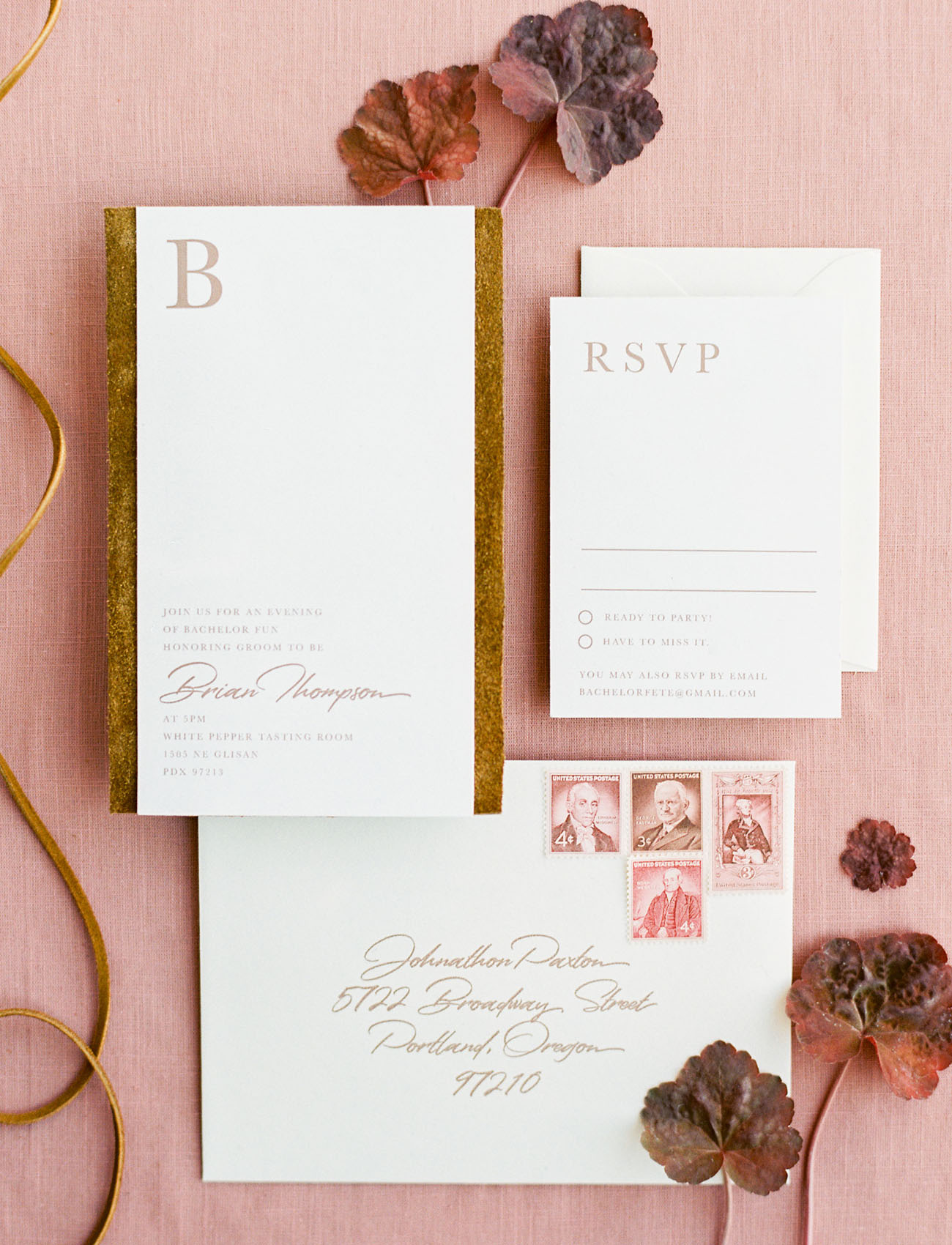 The wedding invitation suite was done with gold and rust touches plus calligraphy
