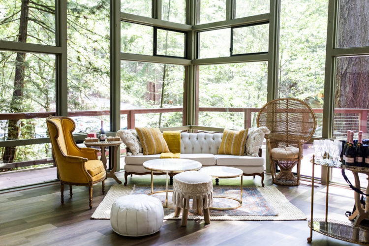 The lounge was elegant and boho, done in neutrals and mustard tones and with a Moroccan feel